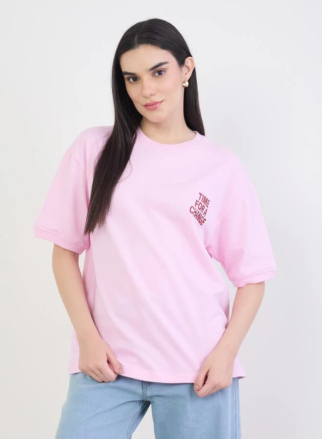 Styli  Pink Oversized Slogan Print T-Shirt for Women | Best Price UAE