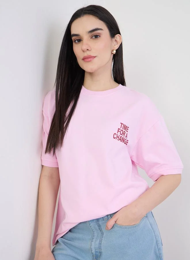 Styli Pink Oversized Slogan Print T-Shirt