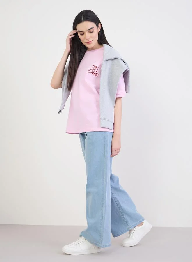 Styli Pink Oversized Slogan Print T-Shirt