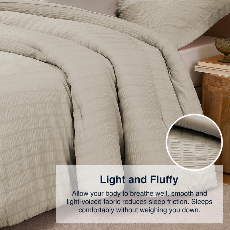 Quataly Oatmeal Queen Comforter Set - 3 Pieces Seersucker Lightweight Bedding Comforter Sets (1 Soft Fluffy Comforter & 2 Pillowcases) - All Seasons Cozy Modern Bed Sets - Image 4
