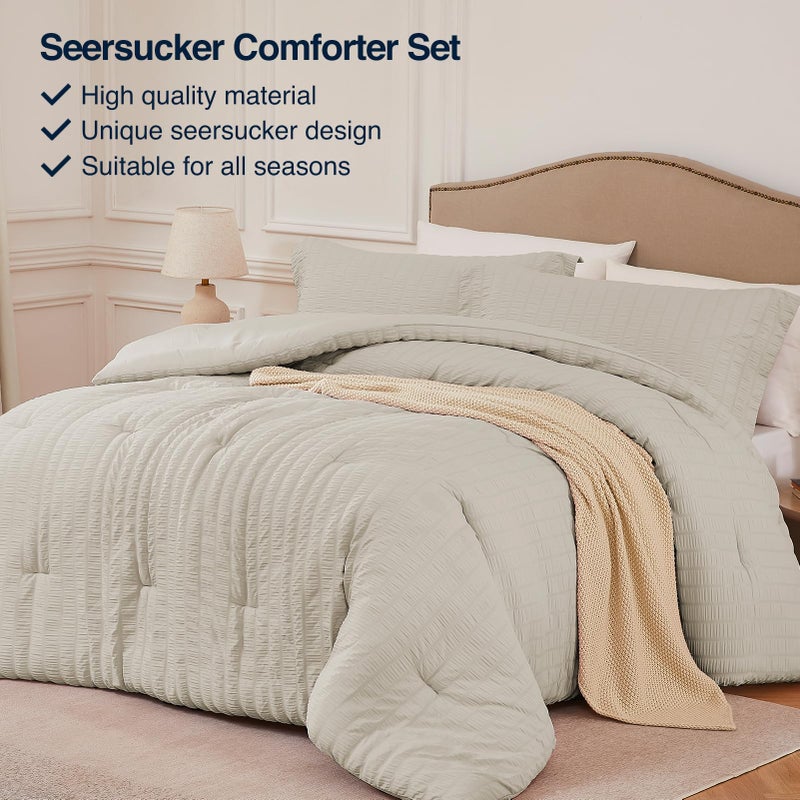 Quataly Oatmeal Queen Comforter Set - 3 Pieces Seersucker Lightweight Bedding Comforter Sets (1 Soft Fluffy Comforter & 2 Pillowcases) - All Seasons Cozy Modern Bed Sets - Image 2