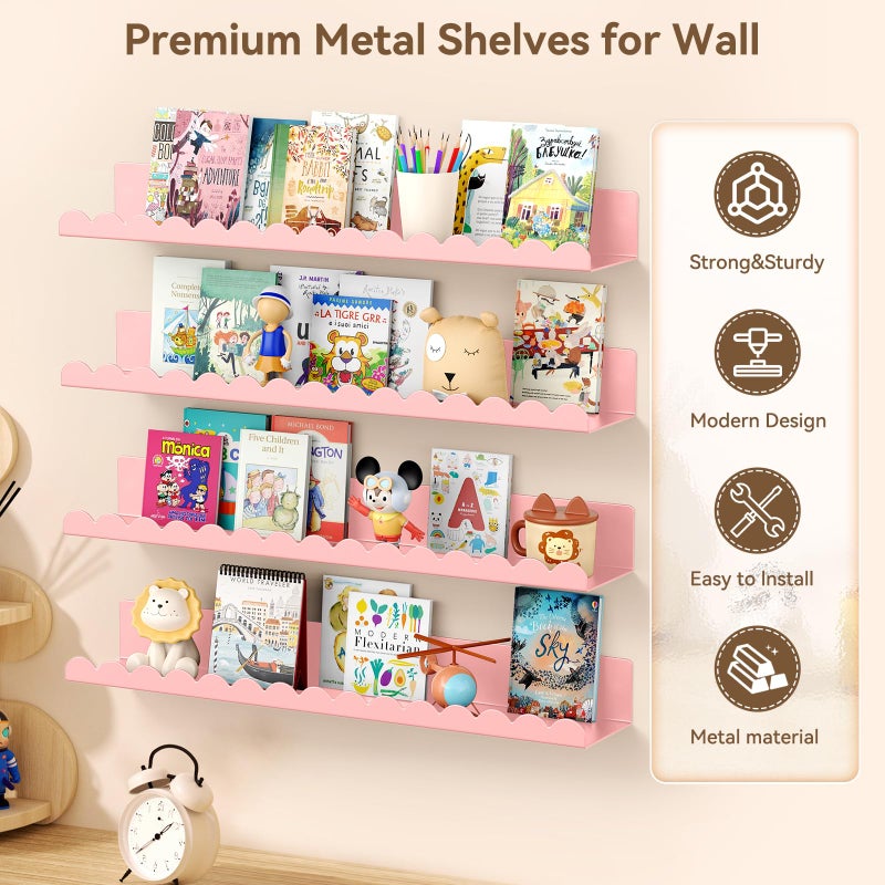 Gattlukd Floating Shelves for Wall, 23 Inch Metal Nursery Book Shelves 4 Pack, Wall Mounted Book Shelf for Kids Room, Bedroom, Bathroom, Playroom Decor (Pink) - Image 3