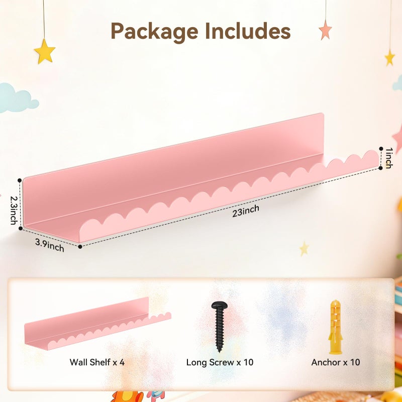 Gattlukd Floating Shelves for Wall, 23 Inch Metal Nursery Book Shelves 4 Pack, Wall Mounted Book Shelf for Kids Room, Bedroom, Bathroom, Playroom Decor (Pink) - Image 2