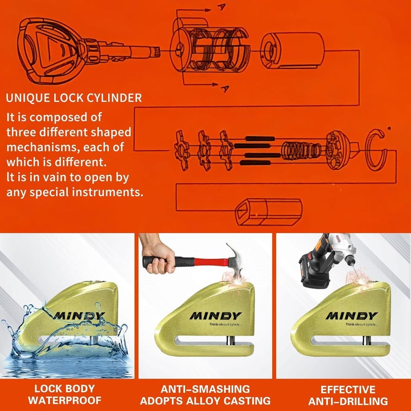 Linist قفل قرص الدراجة المضاد للسرقة من لينست ميني الثقيل - قفل قرص العجلات من سبائك الزنك للدراجات النارية/الدراجات الهوائية - قفل صغير مع مفتاح، مقاوم للماء، مضاد للحفر، مضاد للمنشار، مضاد للفتح، قفل أمان، ذهبي - Image 5