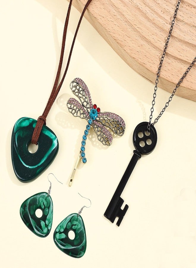 Sheliky 4PCS Halloween Costume Accessories Set Cosplay Dress Up Props Women Stone Necklace/Key Necklace/Dragonfly Hair Clip/Earrings (SET A) - Image 2
