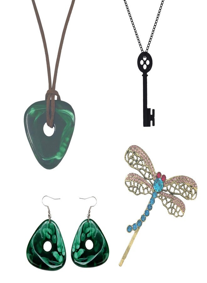 Sheliky 4PCS Halloween Costume Accessories Set Cosplay Dress Up Props Women Stone Necklace/Key Necklace/Dragonfly Hair Clip/Earrings (SET A) - Image 1