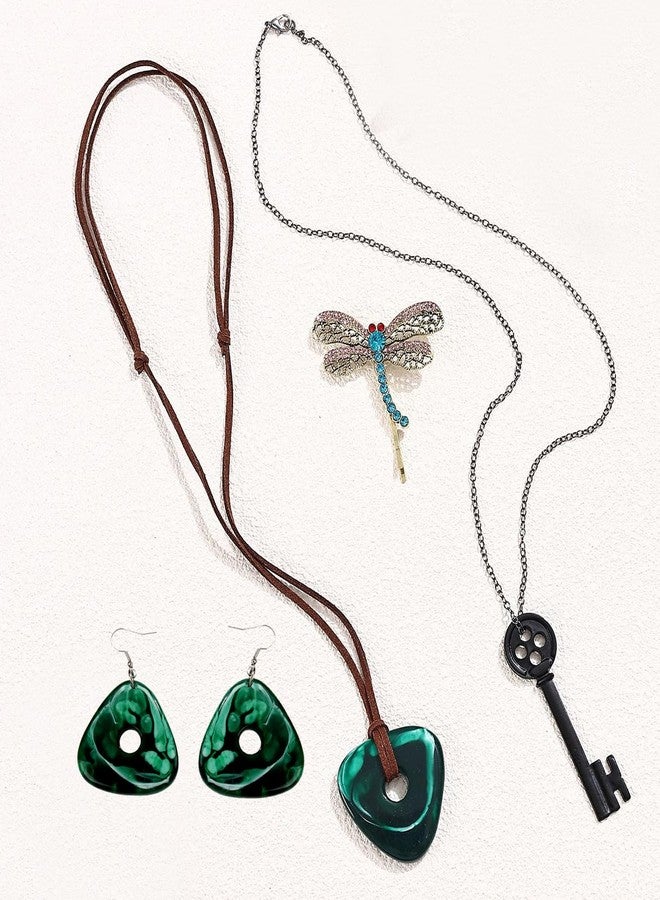 Sheliky 4PCS Halloween Costume Accessories Set Cosplay Dress Up Props Women Stone Necklace/Key Necklace/Dragonfly Hair Clip/Earrings (SET A) - Image 3