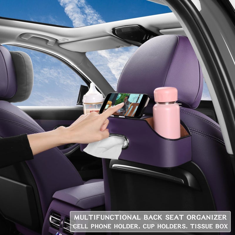 HALOYIVGO Car Seat Back Organizer - Stylish & Functional Storage for Family Adventures - Cup Holders, Tissue Box & Hooks - Perfect for Kids, Road Trips & Travel (Purple) - Image 5