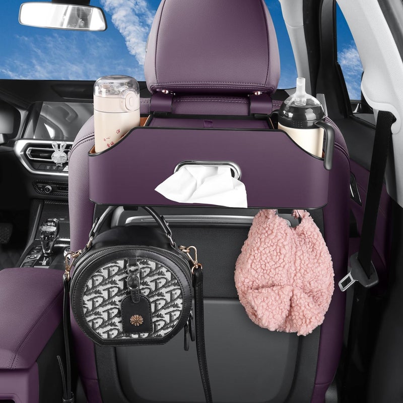 HALOYIVGO Car Seat Back Organizer - Stylish & Functional Storage for Family Adventures - Cup Holders, Tissue Box & Hooks - Perfect for Kids, Road Trips & Travel (Purple) - Image 3