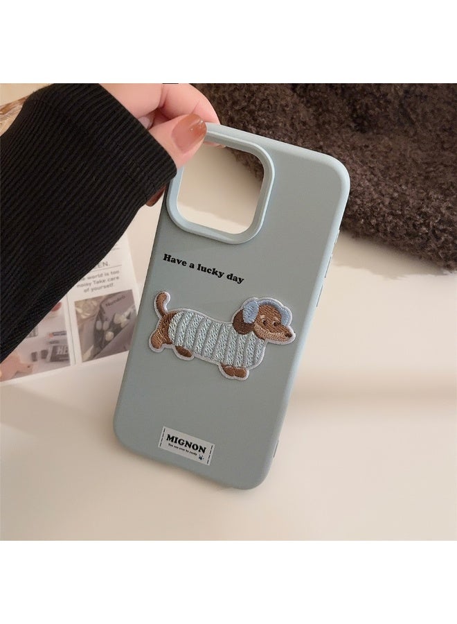 NIBEMINENT Sweater With Embroidered Dog Pattern Protective TPU Case Cover For iPhone 16 Plus, Ash Blue