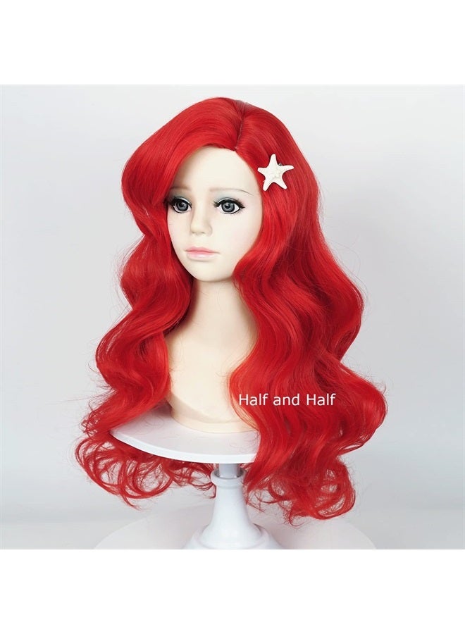 Half and Half Little Mermaid Wig for Girls Kids 21-Inch Long Red Curly Wig Mermaid Kid Wave Wigs with Starfish Hair Clip for Halloween Costume Party - Image 1