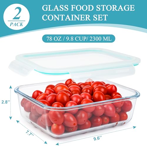 GEHE 9.8 Cup / 78 Oz Large Glass Food Storage Containers with Lids, 2 Pack Glass Meal Prep Containers Set with Airtight Locking Lids - Storing Food, Baking, Leakproof, Freezer, Microwave & Oven Safe - Image 2