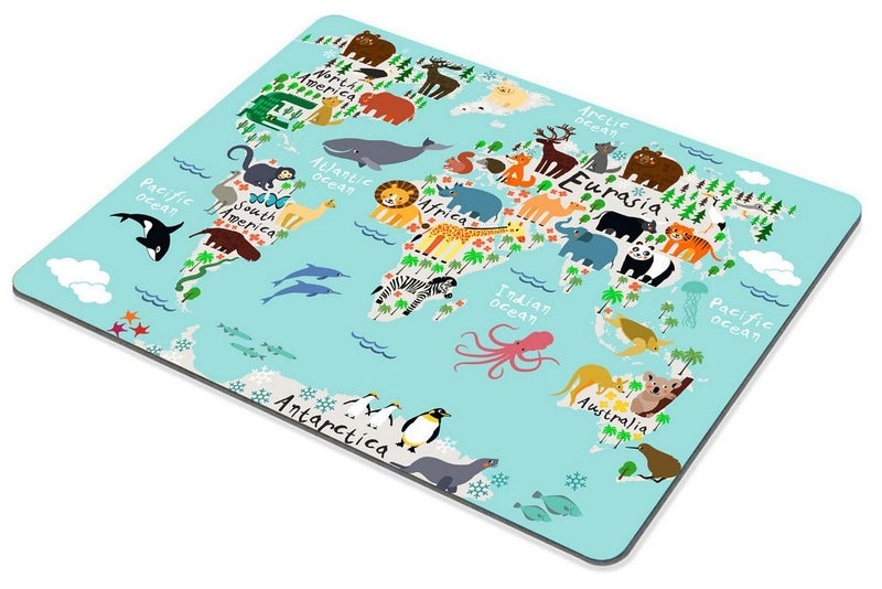 Smooffly Map Mouse Pad Office, Animal Map of The World for Cartoon Mountains Tree Image, Rectangle Non-Slip Rubber Mousepad, Blue Green - Image 3