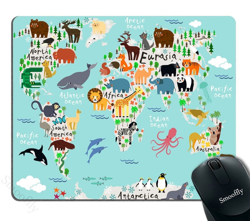 Smooffly Map Mouse Pad Office, Animal Map of The World for Cartoon Mountains Tree Image, Rectangle Non-Slip Rubber Mousepad, Blue Green - Image 1