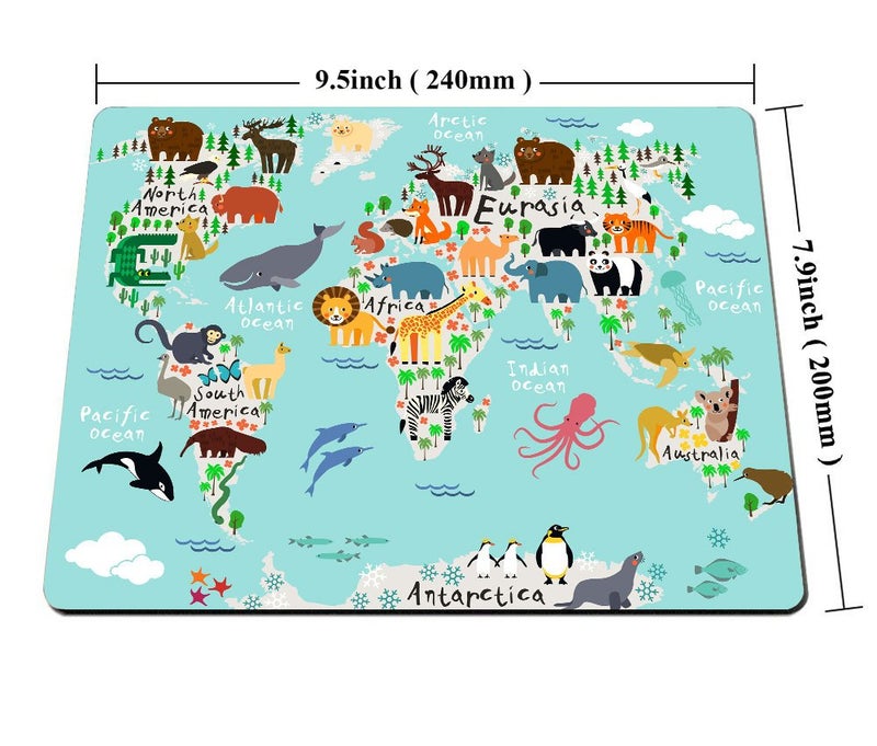 Smooffly Map Mouse Pad Office, Animal Map of The World for Cartoon Mountains Tree Image, Rectangle Non-Slip Rubber Mousepad, Blue Green - Image 2