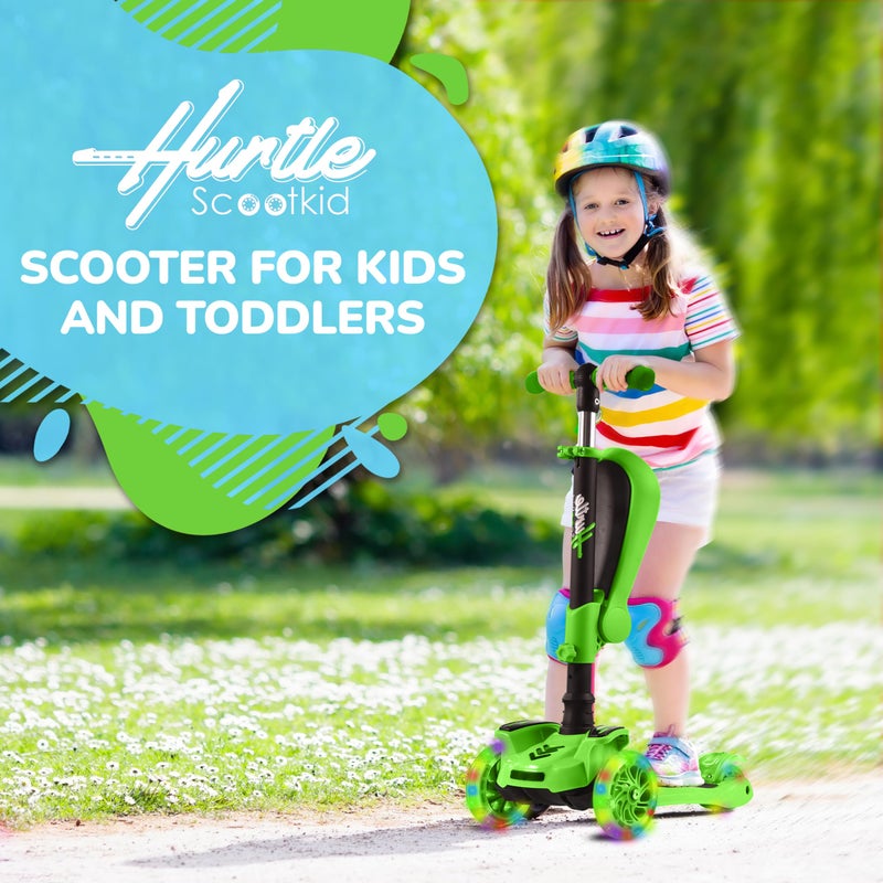 Hurtle 3 Wheeled Scooter for Kids - 2-in-1 Sit/Stand Child Toddlers Toy Kick Scooters w/ Flip-out Seat, Adjustable Height, Wide Deck, Flashing Wheel Lights, For Boys/Girls 1 Year Old+ (Green) - Image 3