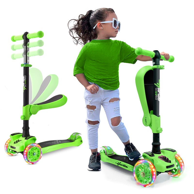 Hurtle 3 Wheeled Scooter for Kids - 2-in-1 Sit/Stand Child Toddlers Toy Kick Scooters w/ Flip-out Seat, Adjustable Height, Wide Deck, Flashing Wheel Lights, For Boys/Girls 1 Year Old+ (Green) - Image 1