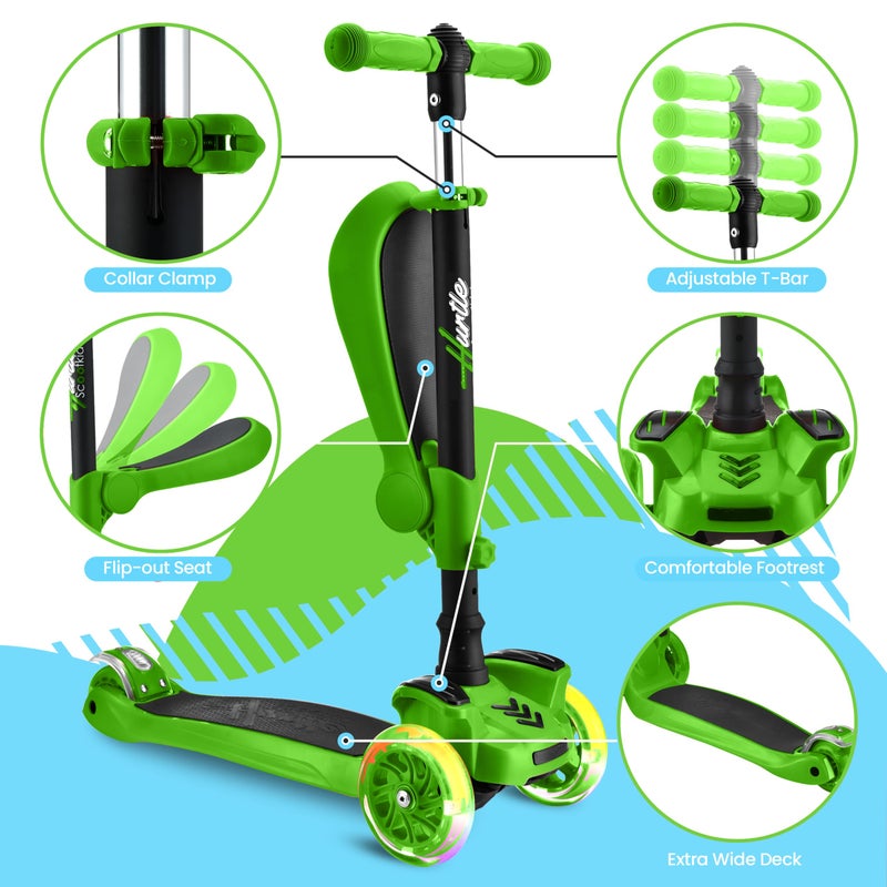 Hurtle 3 Wheeled Scooter for Kids - 2-in-1 Sit/Stand Child Toddlers Toy Kick Scooters w/ Flip-out Seat, Adjustable Height, Wide Deck, Flashing Wheel Lights, For Boys/Girls 1 Year Old+ (Green) - Image 4