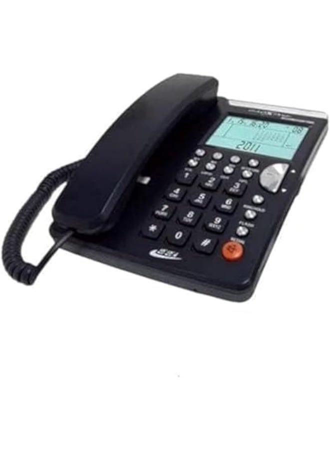 Corded landline phone with backlit LCD screen, memory for 35 calls, redial function, preset dial, alarm, and adjustable ringtones.