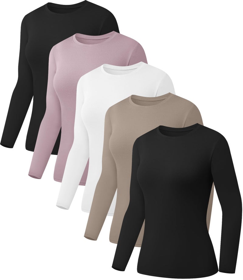 Kinglaman 5 Pack Womens Basic Long Sleeve Shirts Crew Neck Slim-Fit Fitted T Shirts Tops Undershirts Underscrub Baselayer 2 Black 1 White 1 Khaki 1 Pink Medium - Image 1