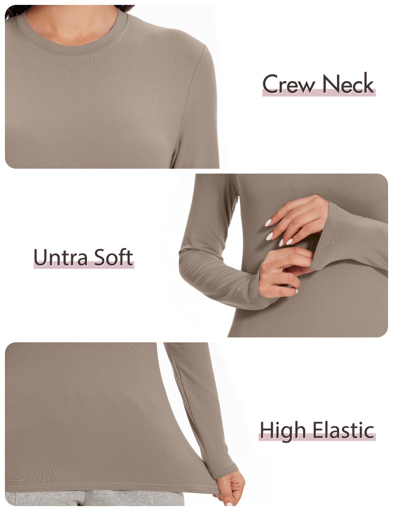 Kinglaman 5 Pack Womens Basic Long Sleeve Shirts Crew Neck Slim-Fit Fitted T Shirts Tops Undershirts Underscrub Baselayer 2 Black 1 White 1 Khaki 1 Pink Medium - Image 5