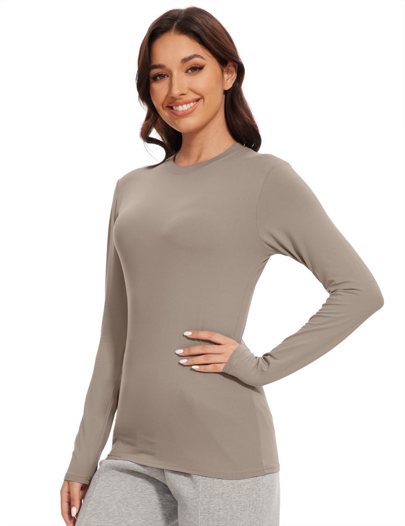 Kinglaman 5 Pack Womens Basic Long Sleeve Shirts Crew Neck Slim-Fit Fitted T Shirts Tops Undershirts Underscrub Baselayer 2 Black 1 White 1 Khaki 1 Pink Medium - Image 4