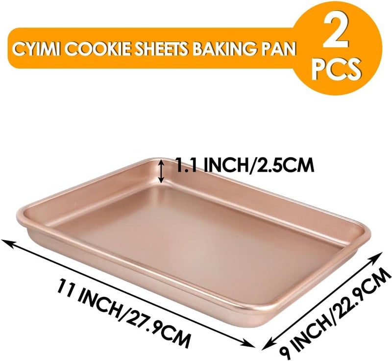 Cyimi 11 x 9 Baking Pans Cookie Sheets Set of 2 Nonstick Toaster Oven Pan Set for Baking Heavy Duty Carbon Steel Nontoxic Oven Replacement Cookie Tray for Kitchen Bakery Gold - Image 2