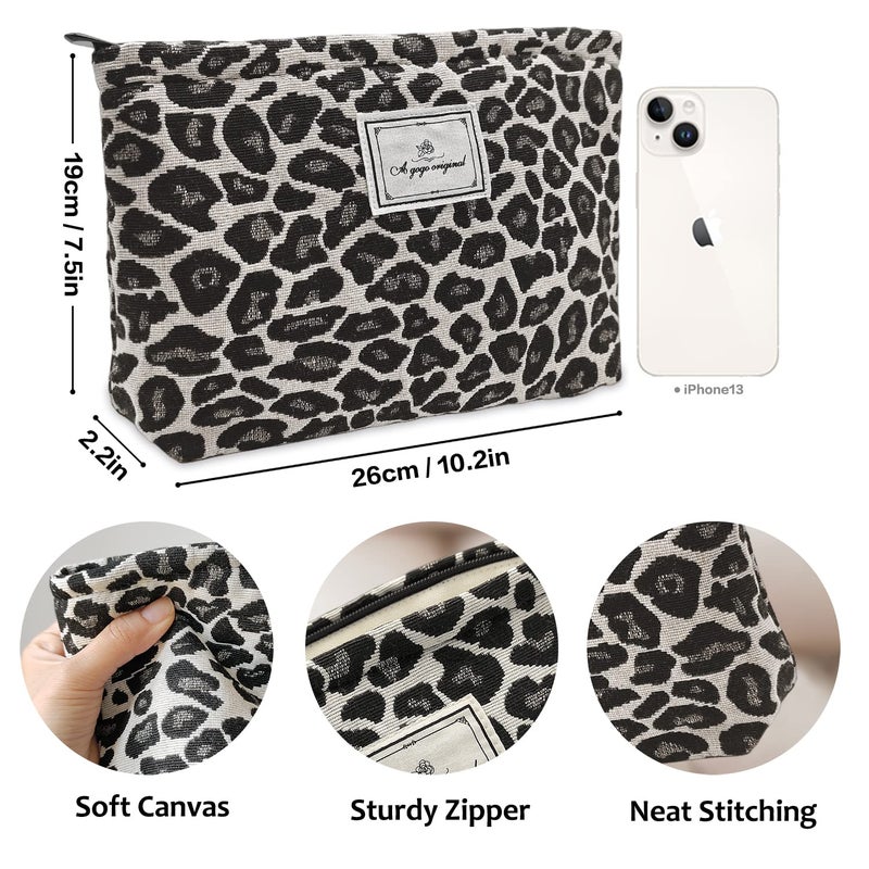 Stardw Leopard Print Makeup Bag Cosmetic Bags For Women And Girls Travel Makeup Bag Large Capacity Canvas Makeup Bag Makeup Organizer Bag Zipper Pouch (Gray Leopard) - Image 5