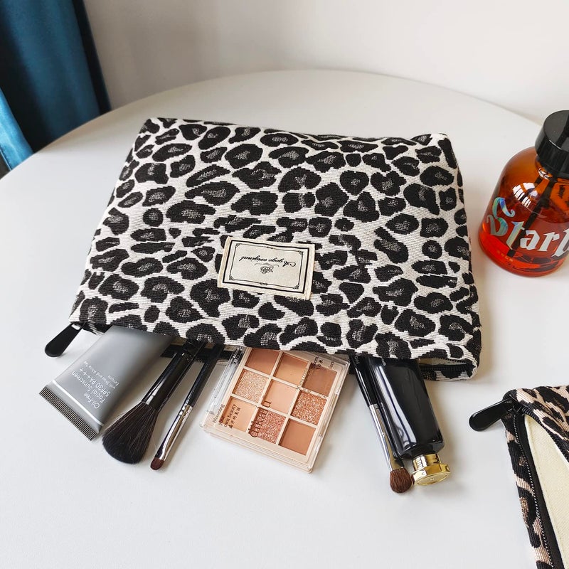 Stardw Leopard Print Makeup Bag Cosmetic Bags For Women And Girls Travel Makeup Bag Large Capacity Canvas Makeup Bag Makeup Organizer Bag Zipper Pouch (Gray Leopard) - Image 2