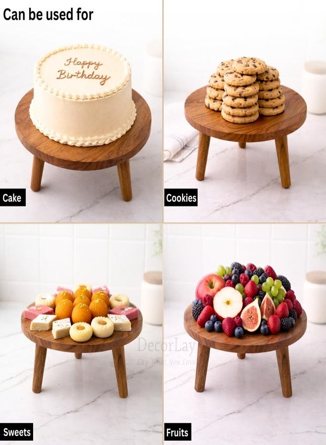 Decorlay Acacia Wood Round Footed Serving Board | Removable-Leg Pedestal Riser Cake Stand | Charcuterie, Cheese, Bread, Fruit & Vegetable Platter Tray - Image 4