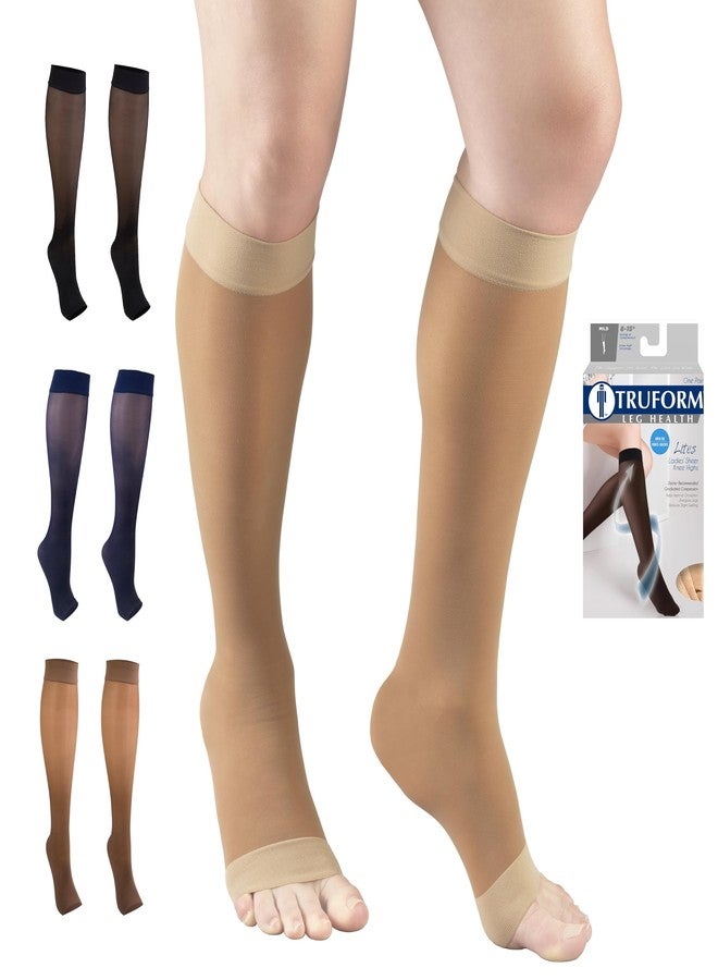 Truform Sheer Compression Stockings, 8-15 mmHg, Women's Open Toe, Knee High Length, 20 Denier, Beige, Medium - Image 1