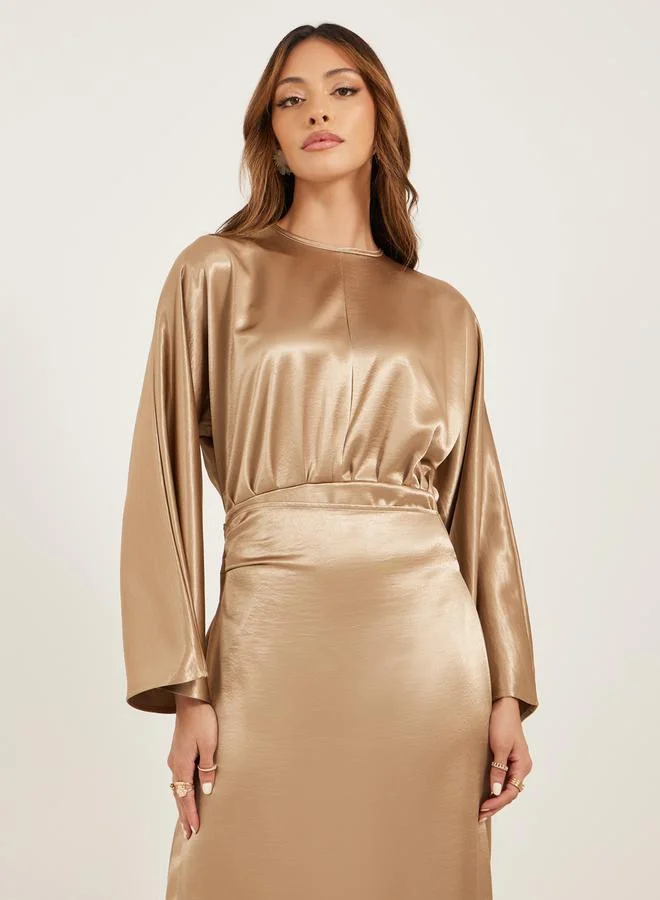 Styli Plain Long Sleeves Wrap Look A-Line Maxi Dress