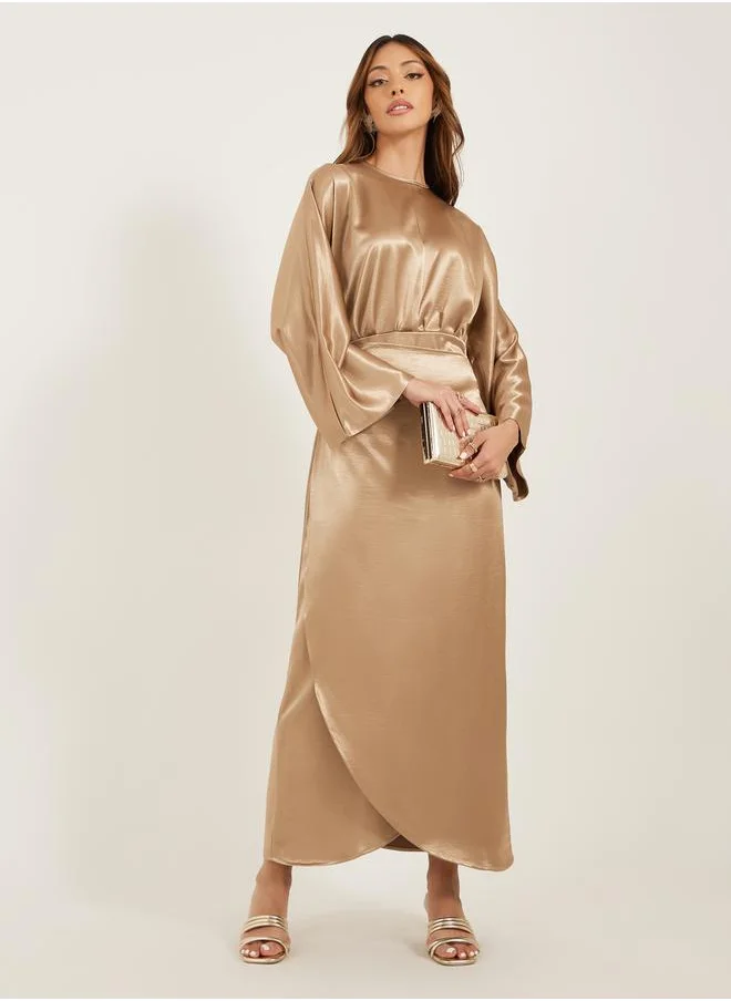 Styli Plain Long Sleeves Wrap Look A-Line Maxi Dress