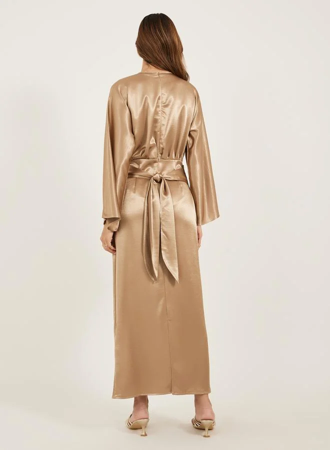Styli Plain Long Sleeves Wrap Look A-Line Maxi Dress