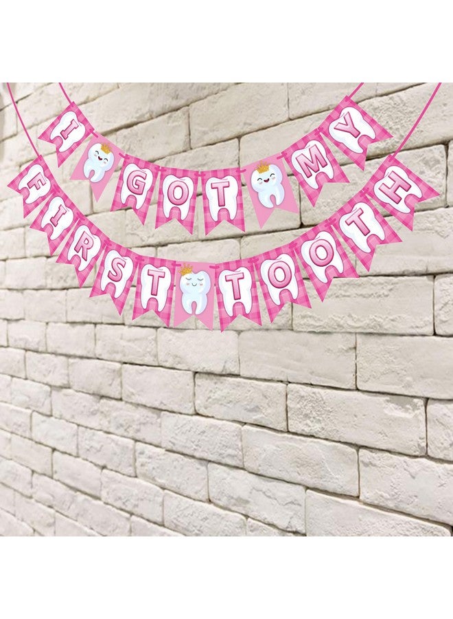 Wobbox I Got My 1st Tooth Check Pattern Bunting Banner, Pink Colour Stylish Font, First Tooth Decoration, Happy Birthday Decoration - Image 4