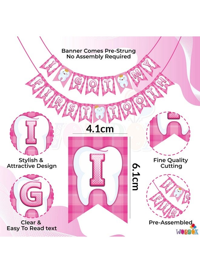 Wobbox I Got My 1st Tooth Check Pattern Bunting Banner, Pink Colour Stylish Font, First Tooth Decoration, Happy Birthday Decoration - Image 2