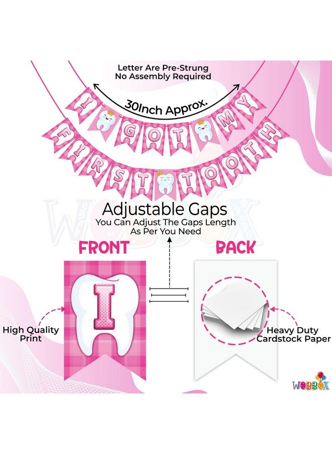 Wobbox I Got My 1st Tooth Check Pattern Bunting Banner, Pink Colour Stylish Font, First Tooth Decoration, Happy Birthday Decoration - Image 3
