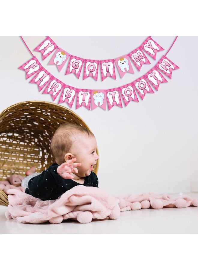 Wobbox I Got My 1st Tooth Check Pattern Bunting Banner, Pink Colour Stylish Font, First Tooth Decoration, Happy Birthday Decoration - Image 5