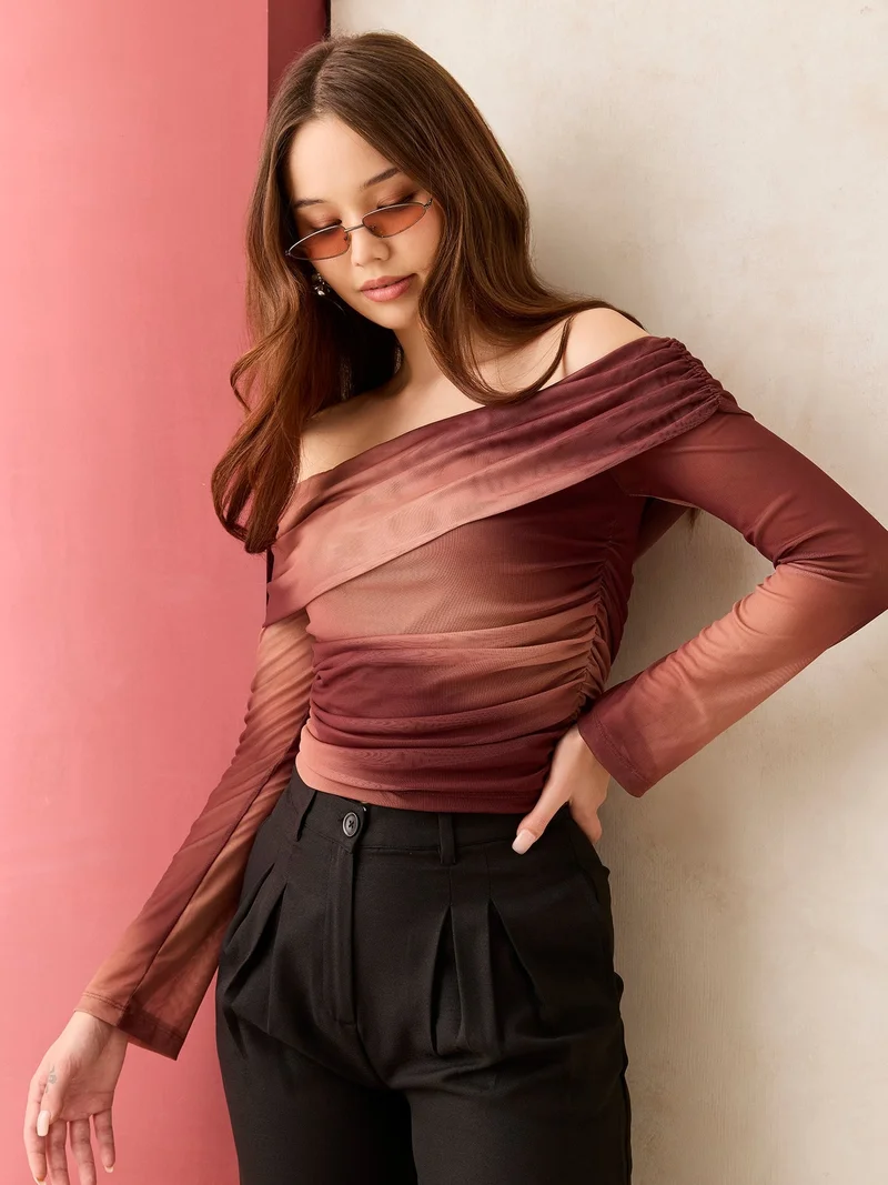 Outzidr  Brown Off Shoulder Mesh Top for Women | Best Price UAE