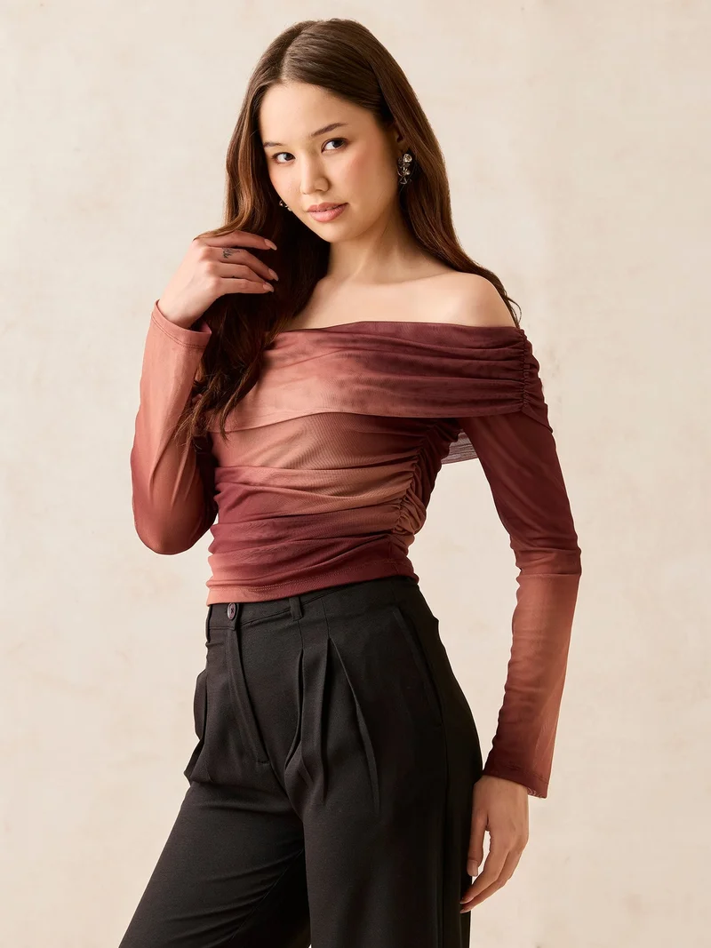 Outzidr  Brown Off Shoulder Mesh Top for Women | Best Price UAE