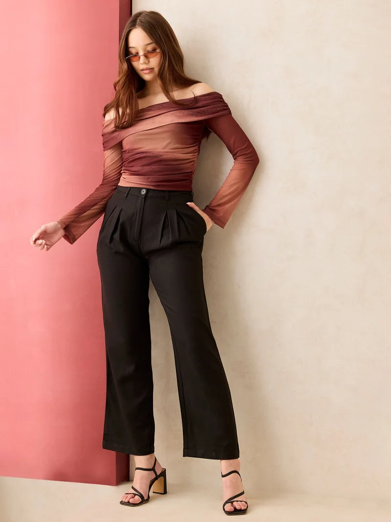 Outzidr  Brown Off Shoulder Mesh Top for Women | Best Price UAE