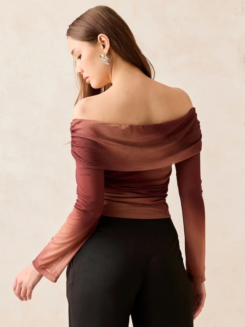 Outzidr  Brown Off Shoulder Mesh Top for Women | Best Price UAE