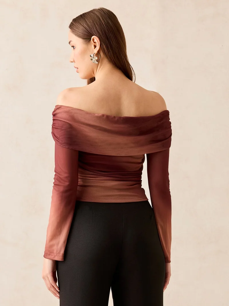 Outzidr  Brown Off Shoulder Mesh Top for Women | Best Price UAE