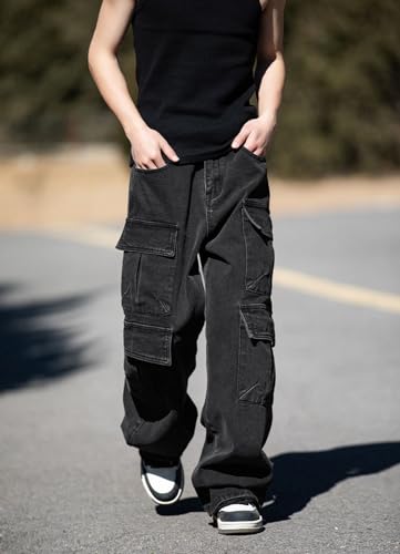 HBER Baggy Cargo Jeans Men Teen Boys Casual Loose Jeans Flap Pockets Y2k Denim Pants 90s Hip Hop Streetwear Black - Image 4
