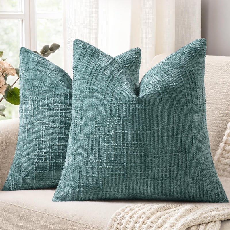 decorUhome Summer Teal Chenille Throw Pillow Covers 18x18 Set of 2 Textured Soft Cozy Slubby Couch Pillow Covers Modern Farmhouse Boho Decorative Pillow Cases for Bed Sofa Living Room - Image 2