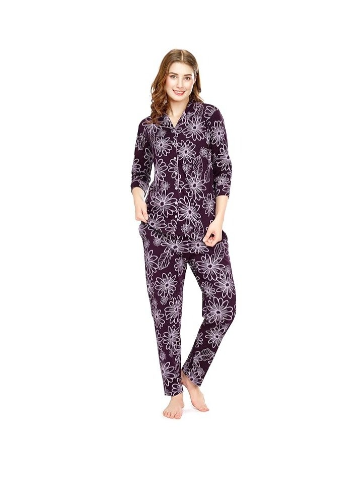 Accessorize Kingdom Night Suit for Women's Floral Printed Cotton Night Dress of Shirt and Pajama Set  - Image 1