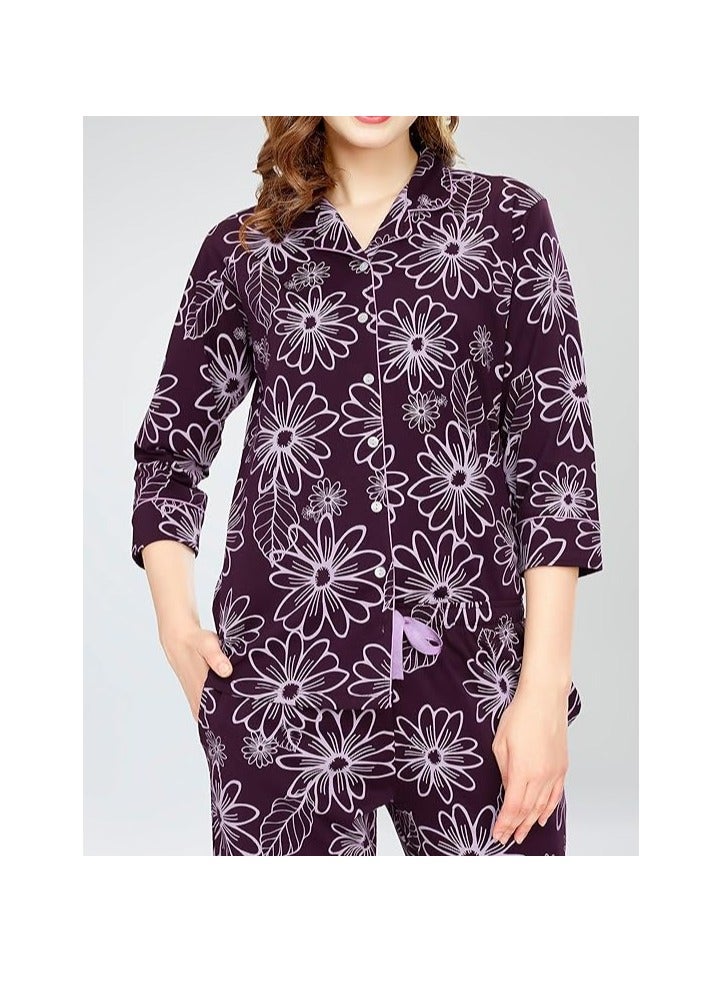 Accessorize Kingdom Night Suit for Women's Floral Printed Cotton Night Dress of Shirt and Pajama Set  - Image 2