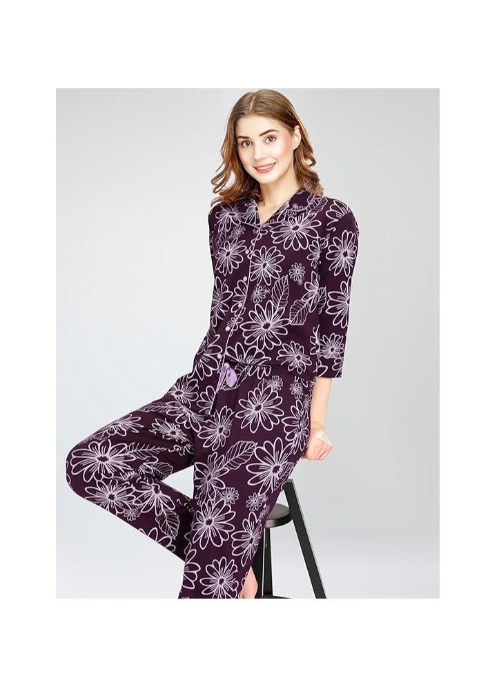 Accessorize Kingdom Night Suit for Women's Floral Printed Cotton Night Dress of Shirt and Pajama Set  - Image 3