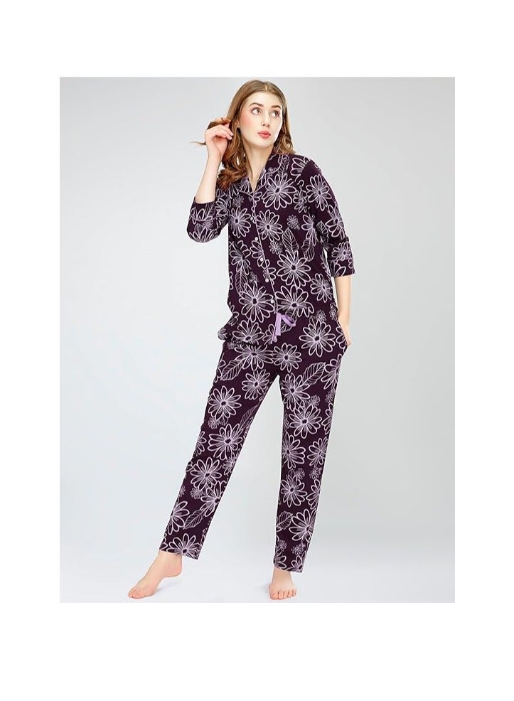 Accessorize Kingdom Night Suit for Women's Floral Printed Cotton Night Dress of Shirt and Pajama Set  - Image 4