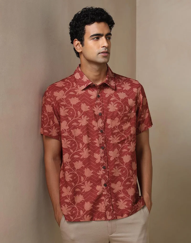 فاب انديا Red Viscose Silk Hand Block Printed Bush Shirt